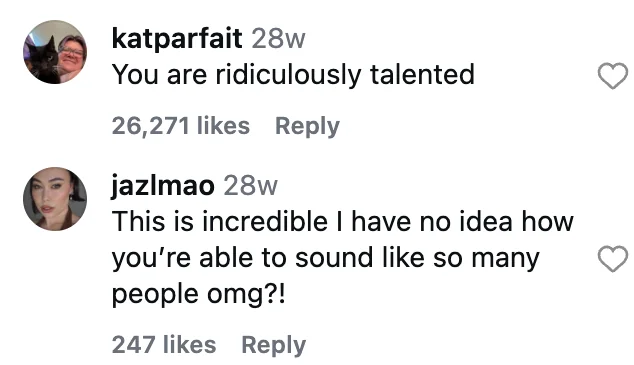 Instagram comments from katparfait and jazlmao