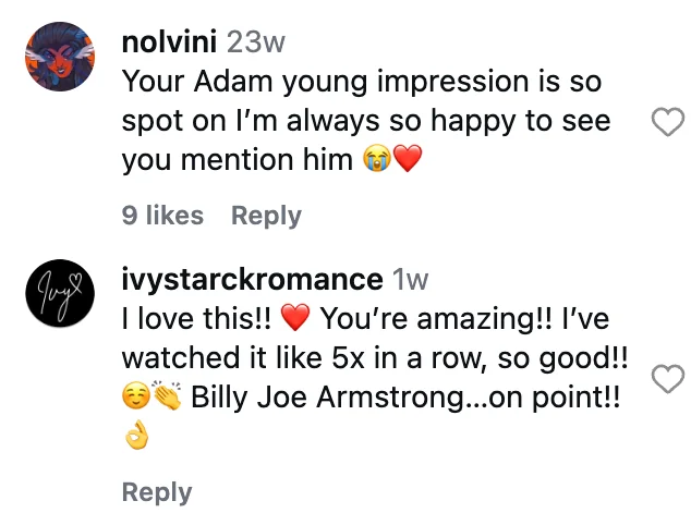 Instagram comments from nolvini and ivystarckromance